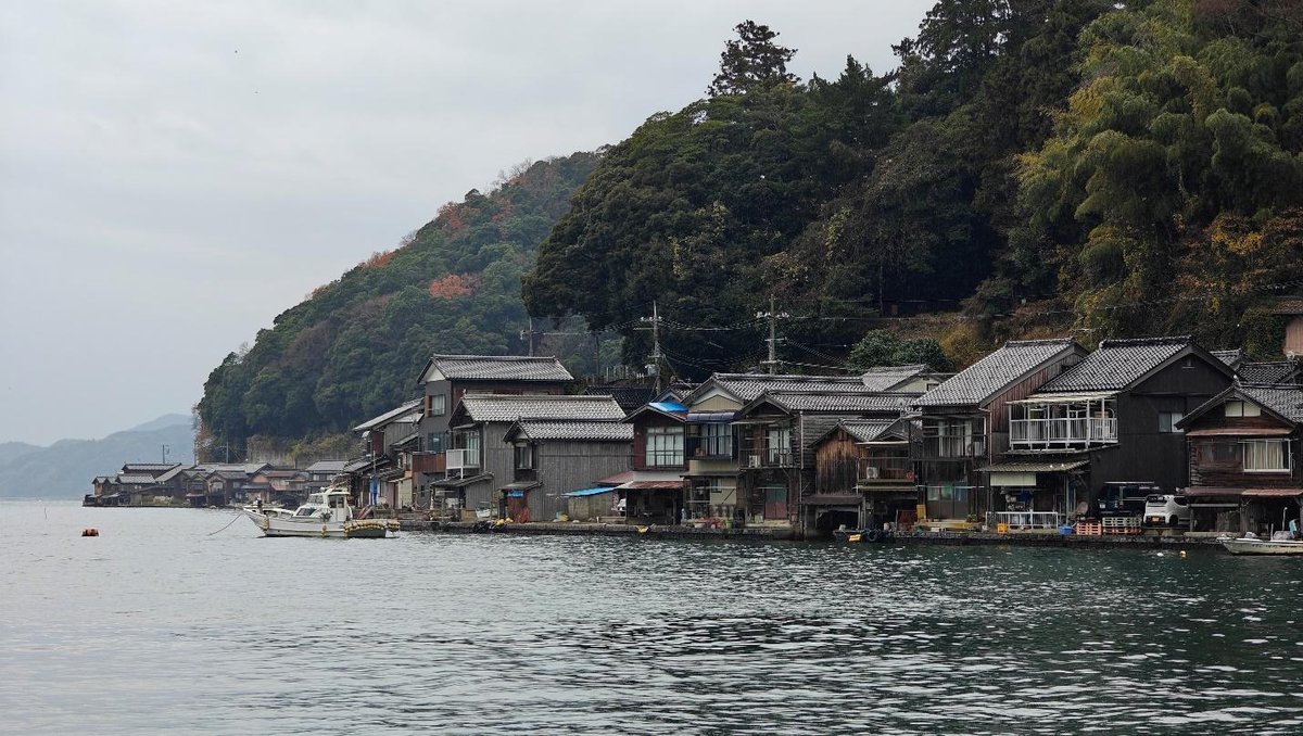 Traditional wooden houses on waterfront, lush hillside background