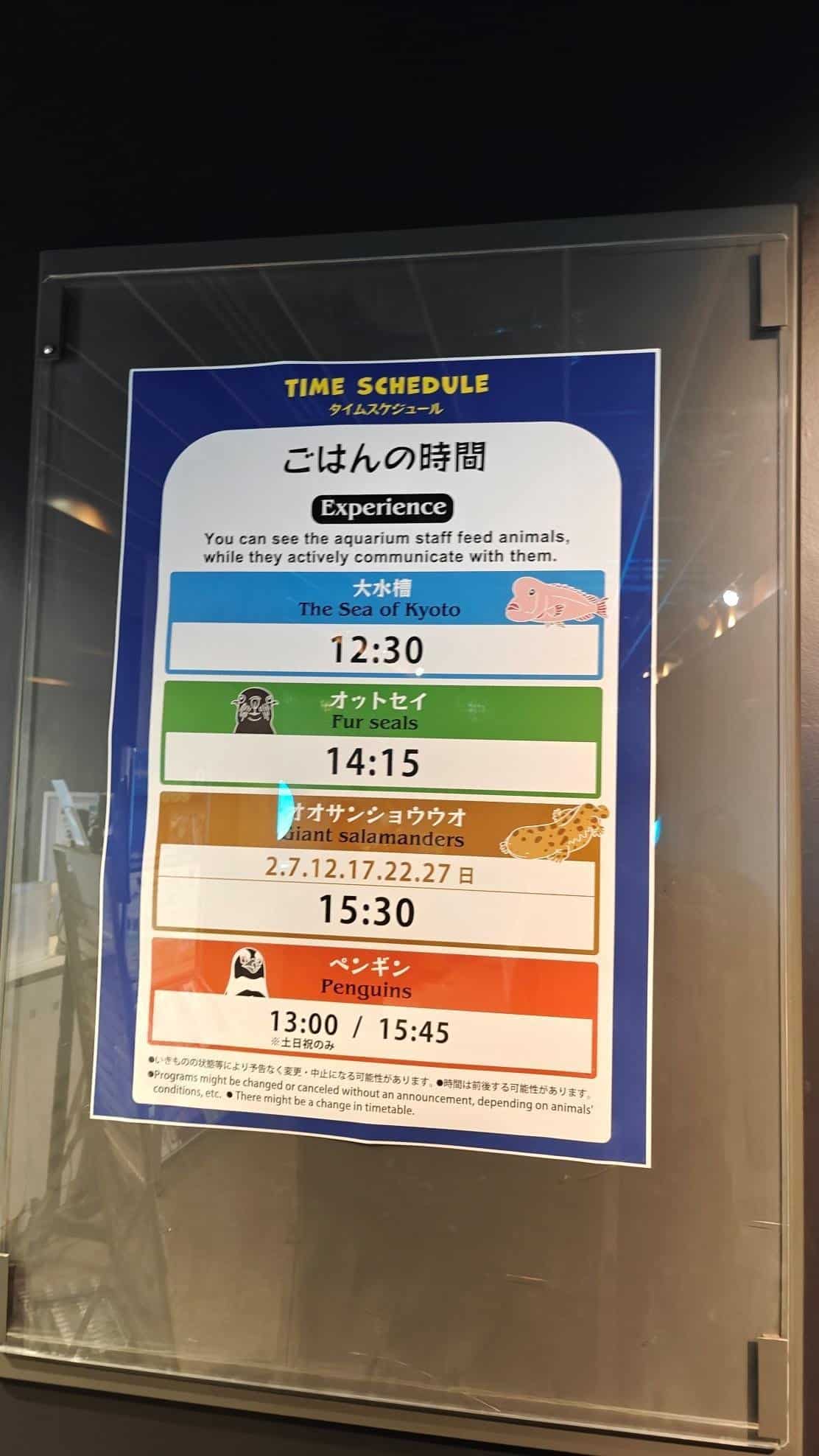 Aquarium feeding schedule sign with animal illustrations