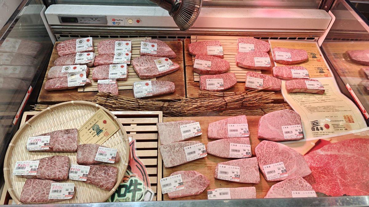 Assorted cuts of marbled beef display