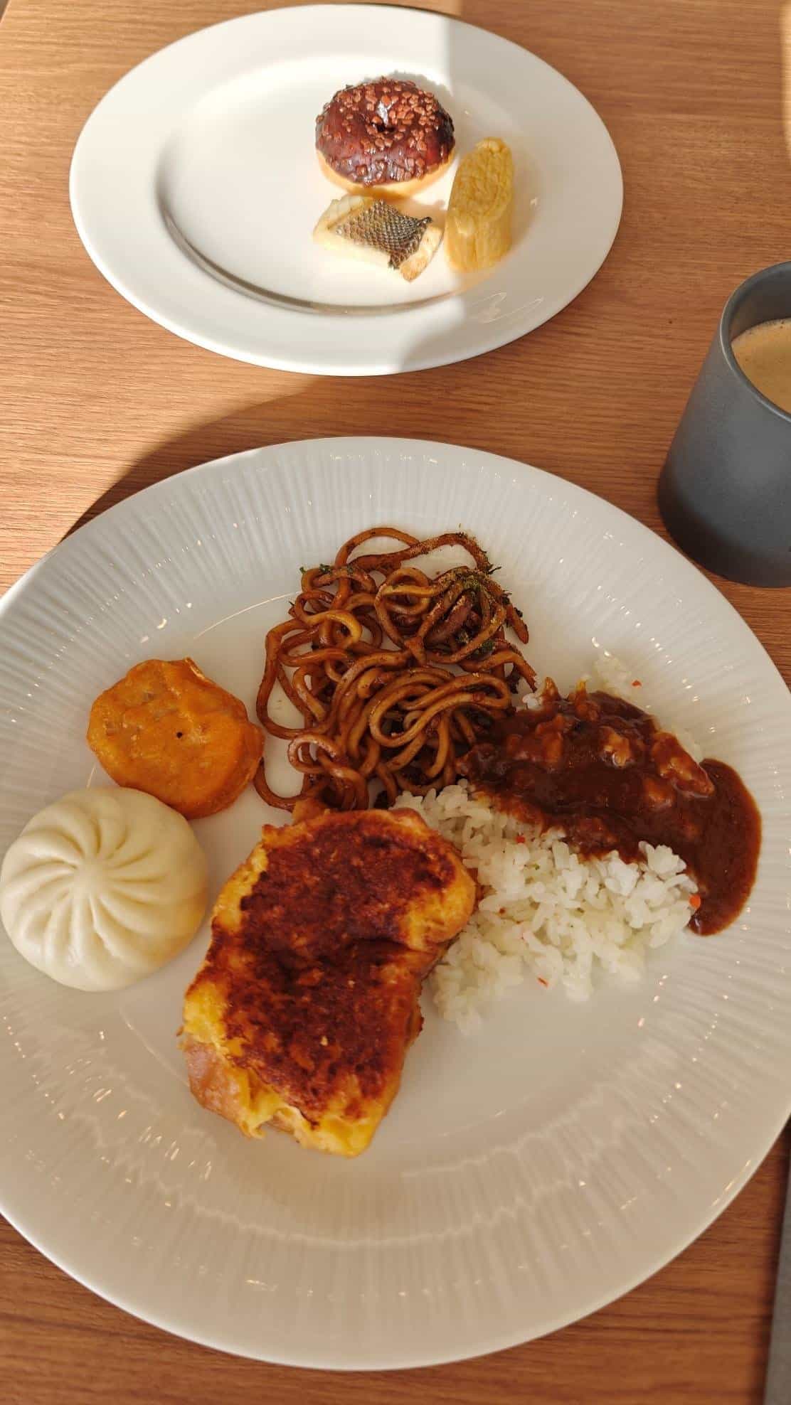 Assorted dishes on white plates