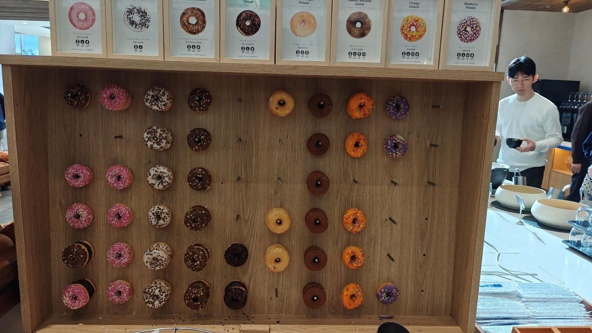 Assorted donuts on pegboard display