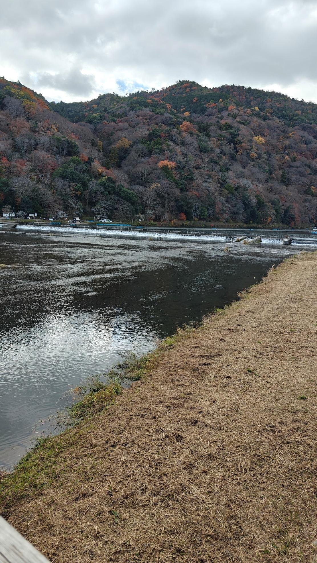 Autumn foliage on mountains by a calm river under cloudy sky