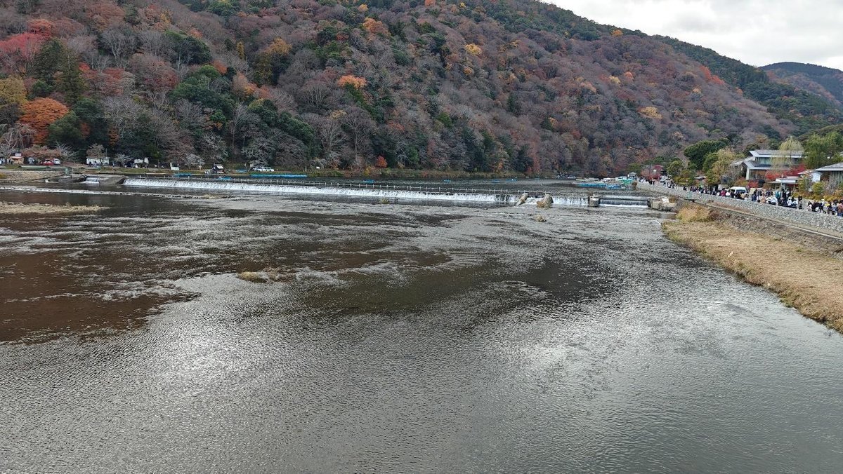 Autumn landscape with river, waterfall, and mountains