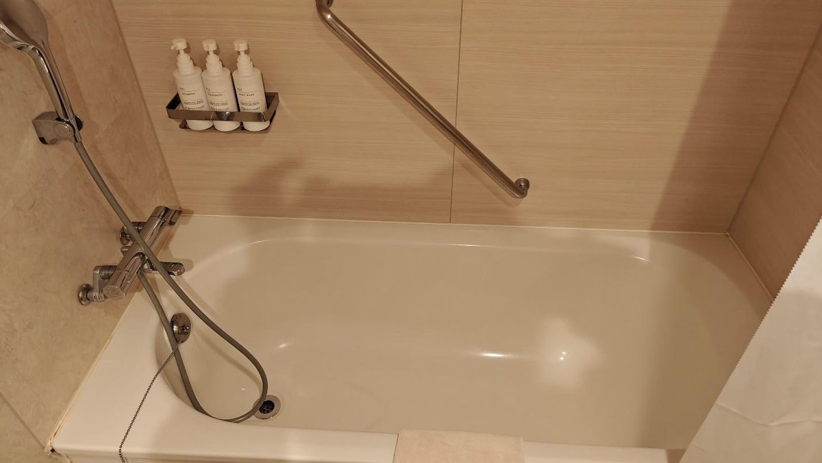 Bathtub with shower and soap bottles