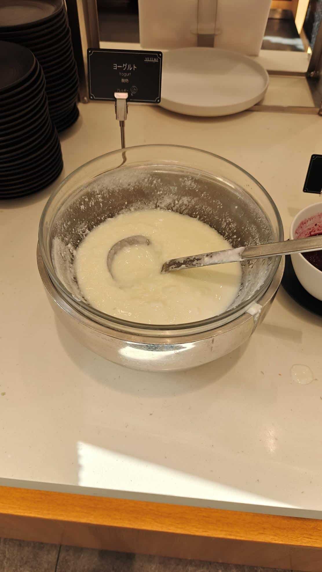 Bowl of yogurt with serving ladle