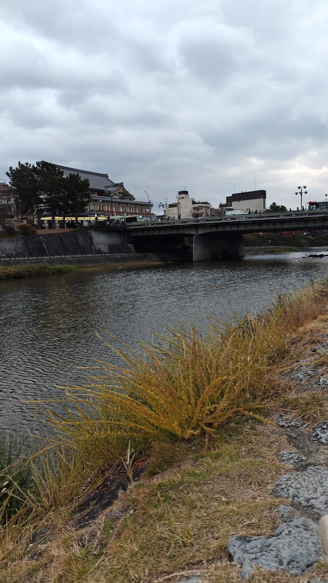 Bridge over river under cloudy sky, buildings in background