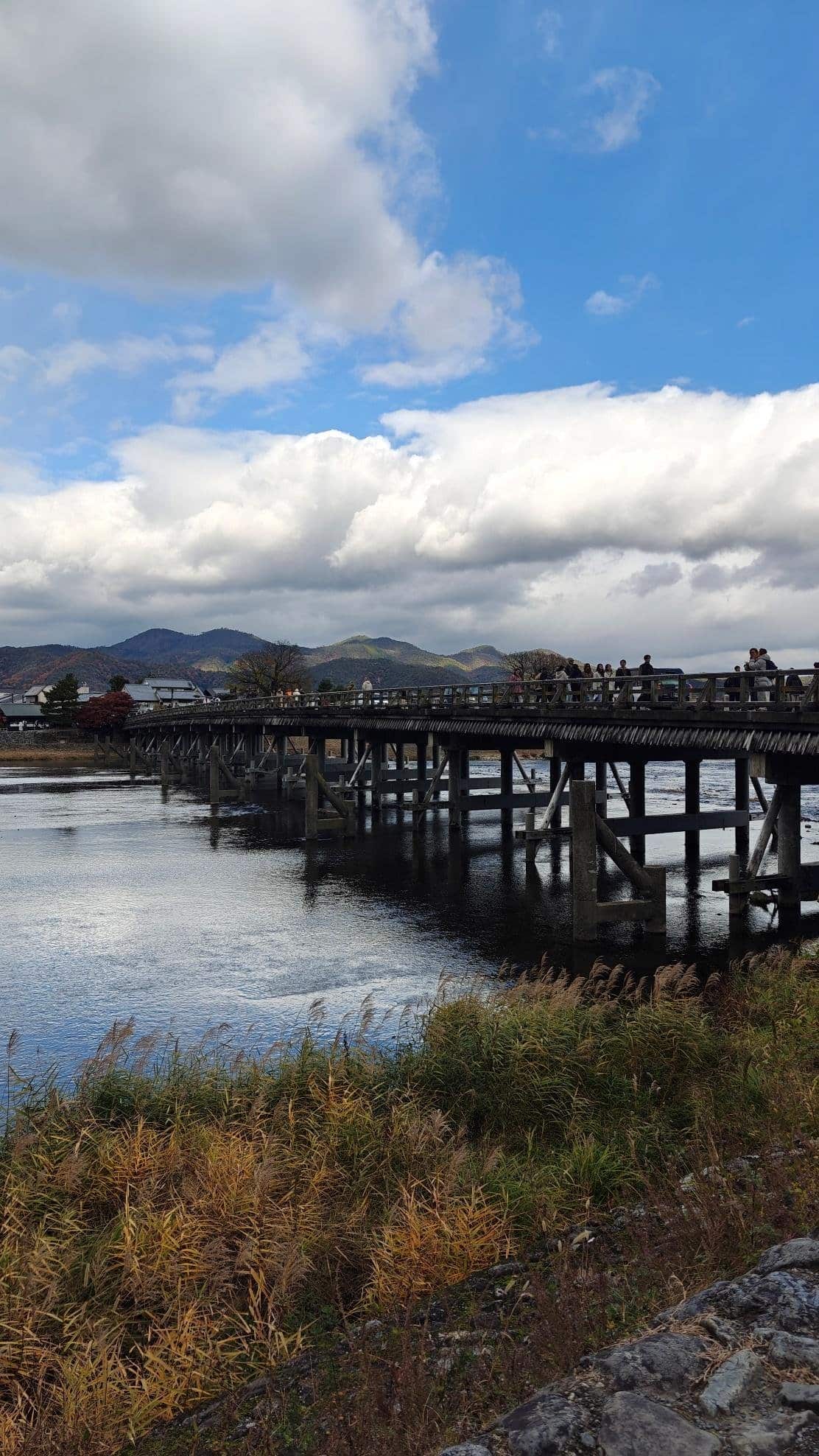 Bridge over river with mountains and cloudy sky