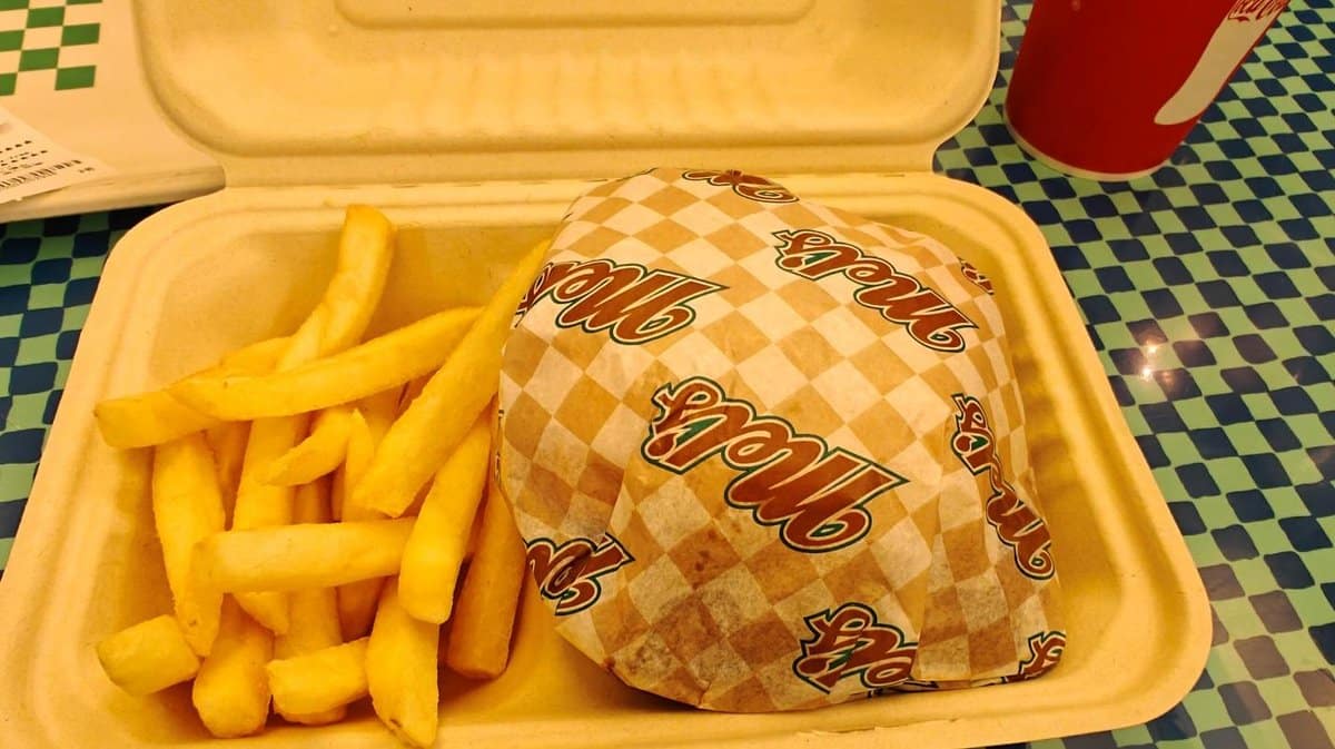 Burger and fries in takeaway box