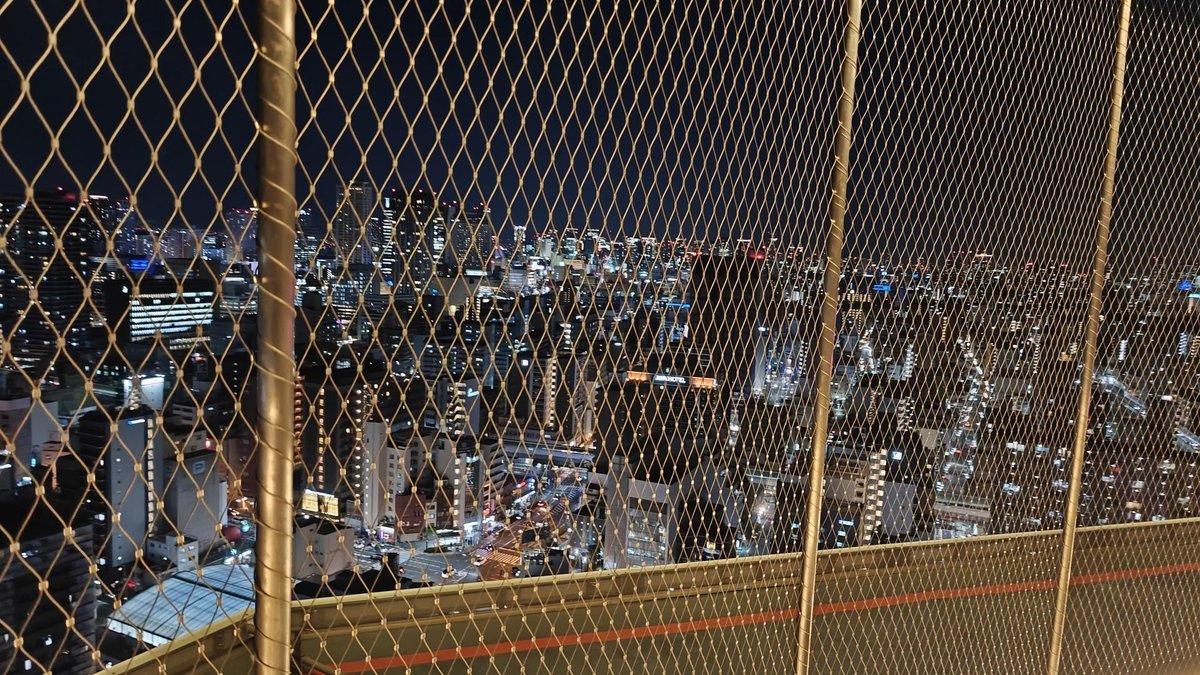 City skyline view through fence at night
