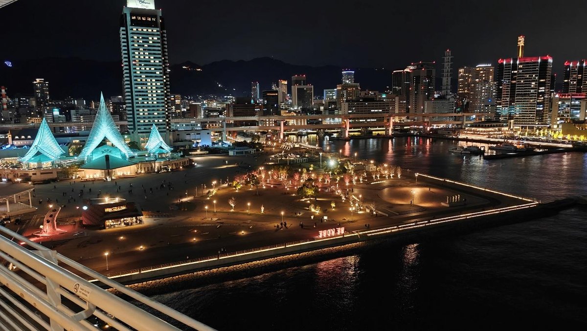 City skyline with illuminated harbor