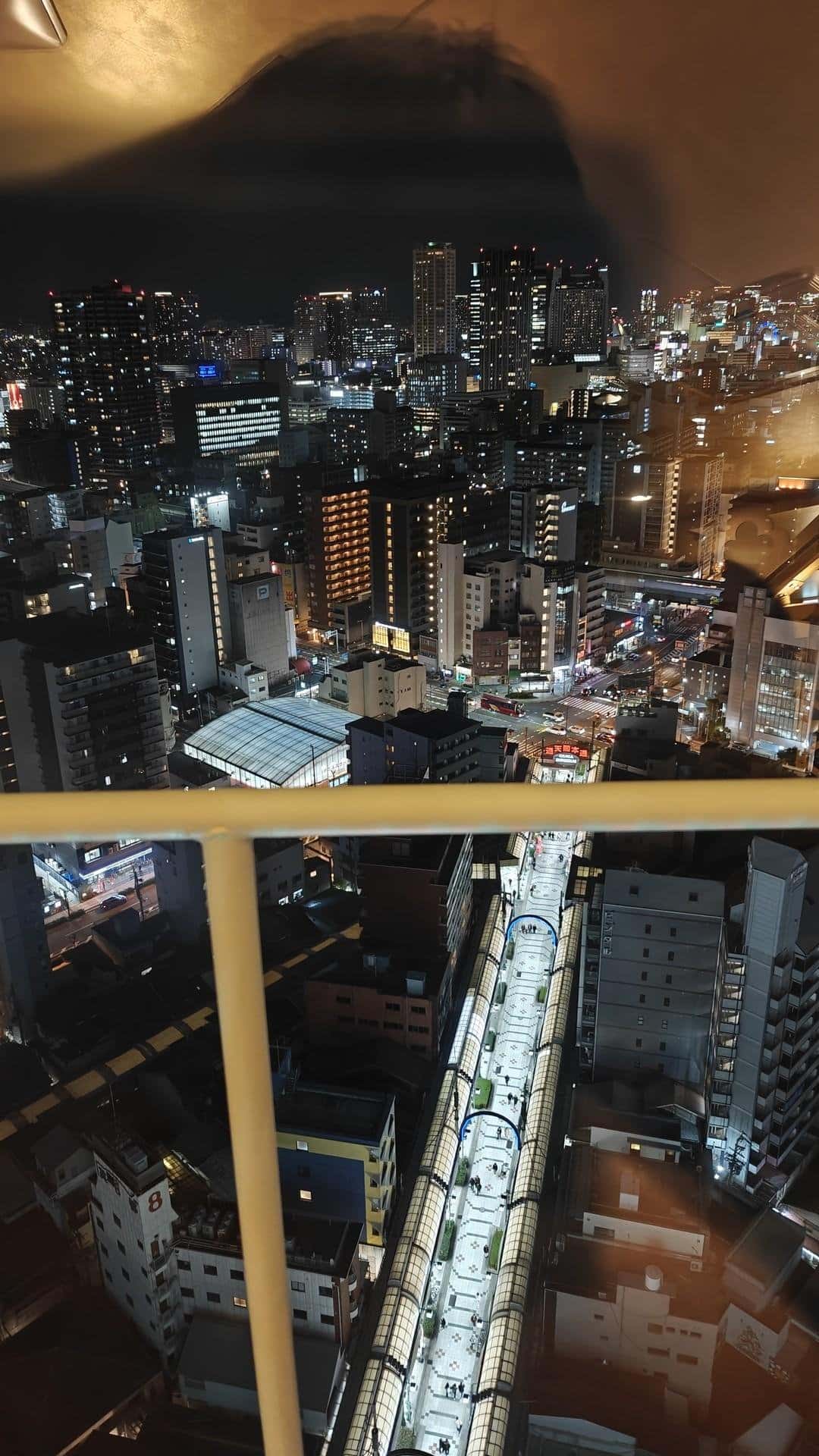 Cityscape at night with lit streets