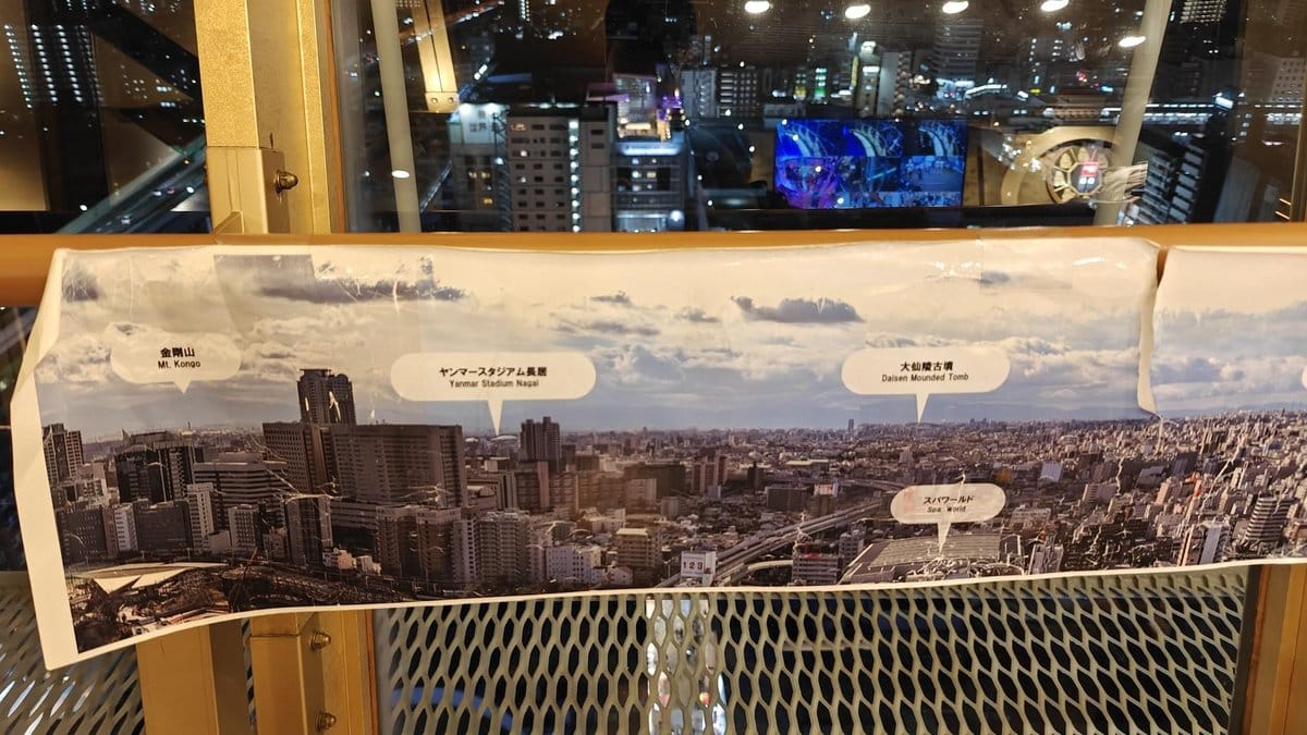 Cityscape view through glass window