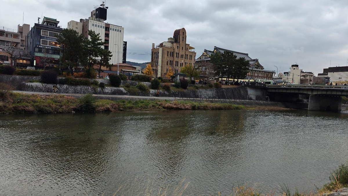 Cityscape with river, buildings, and cloudy sky
