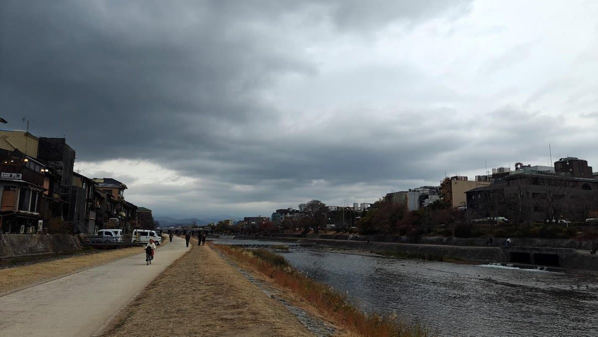Cloudy sky over riverside path with walkers and buildings