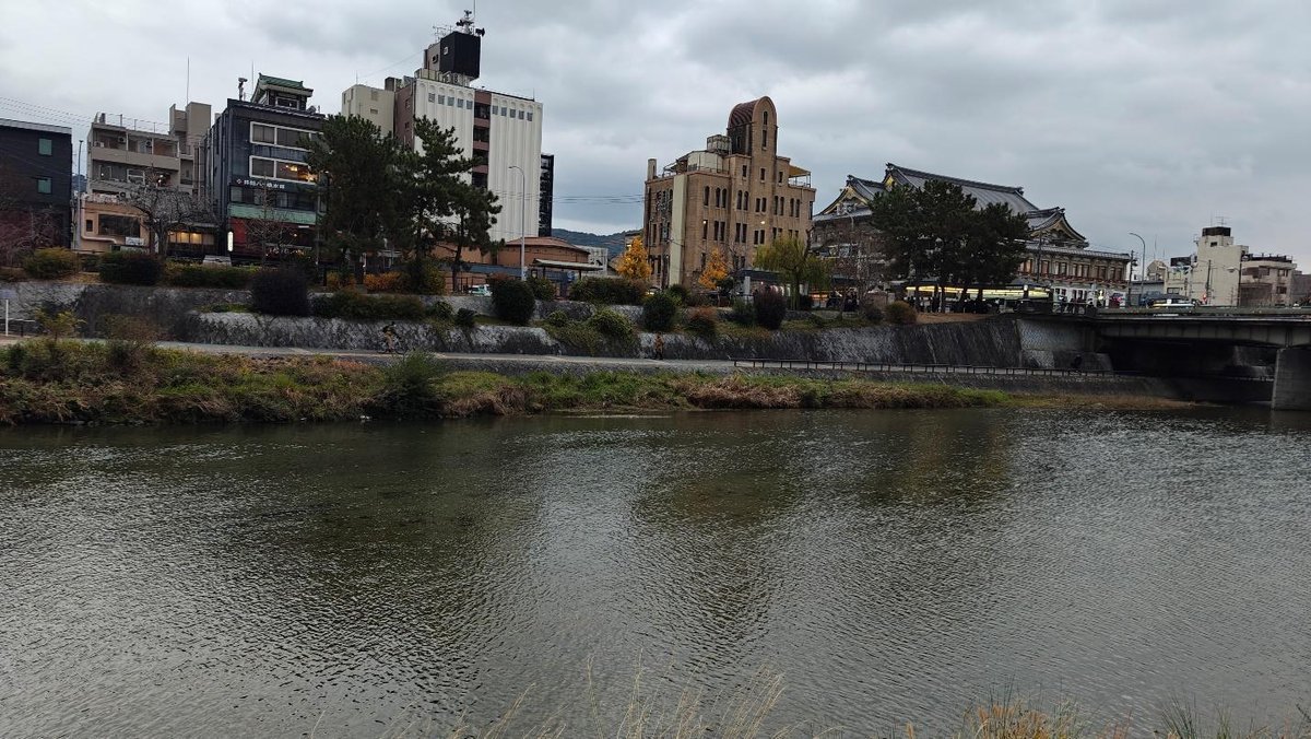 Cloudy urban riverside view with historic buildings