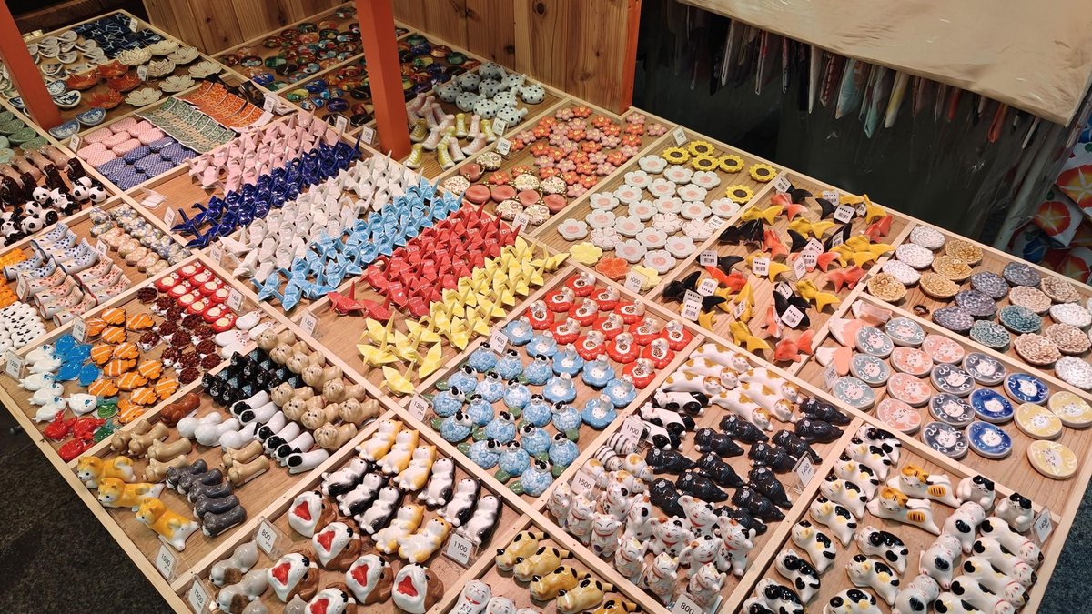 Colorful ceramic figurines display