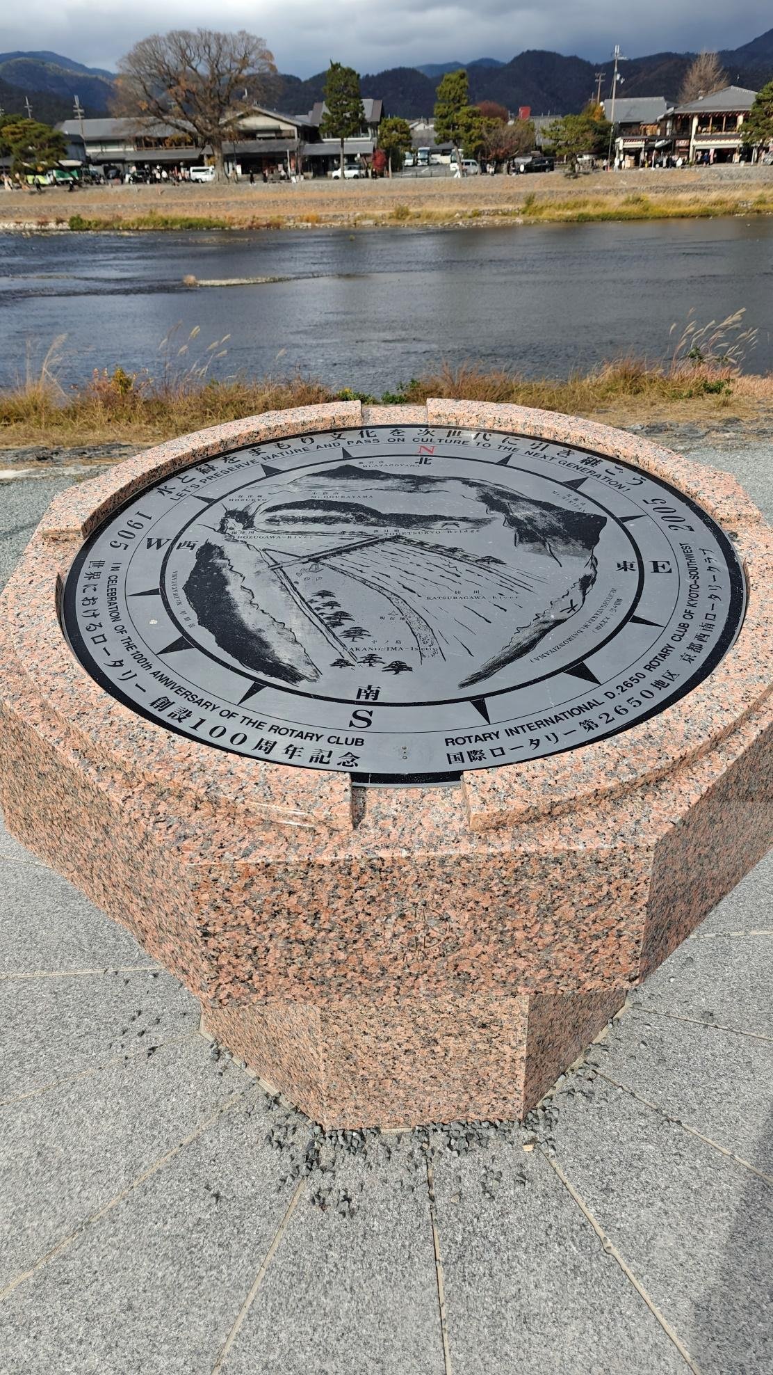 Compass rose monument by riverside with mountains in background