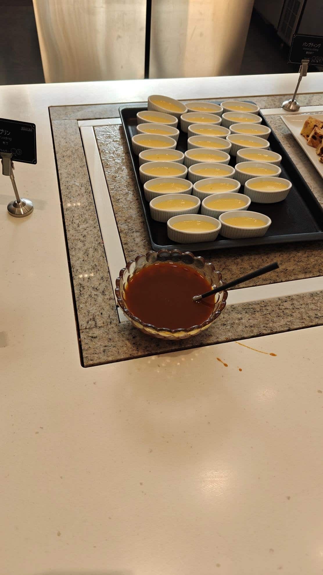 Custard desserts on buffet table
