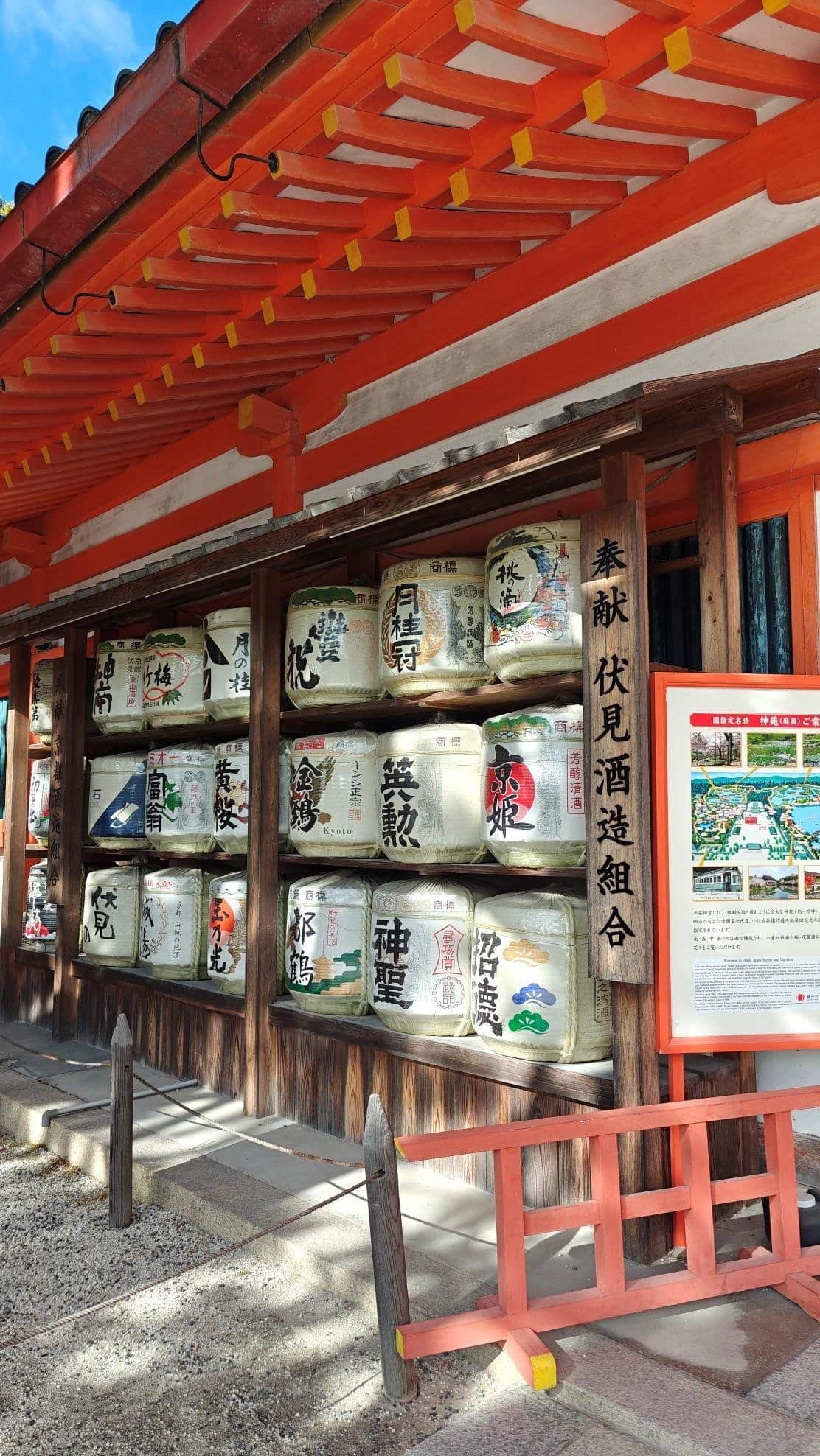 Decorative sake barrels at a Japanese shrine with red beams
