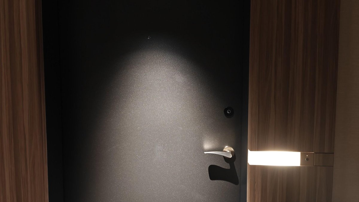 Dimly lit door with metallic handle