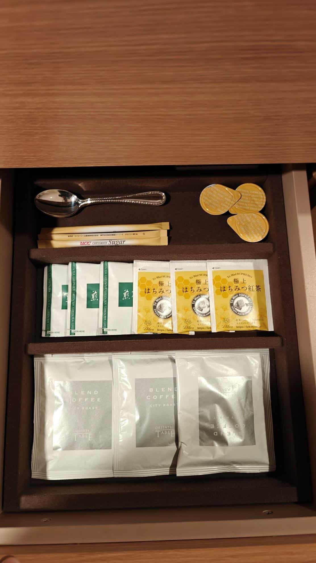 Drawer with coffee and tea packets