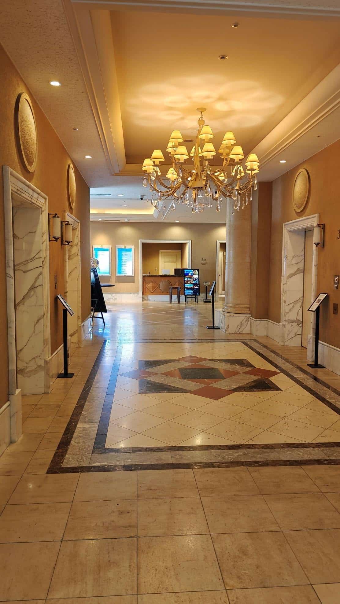 Elegant hotel lobby with chandelier