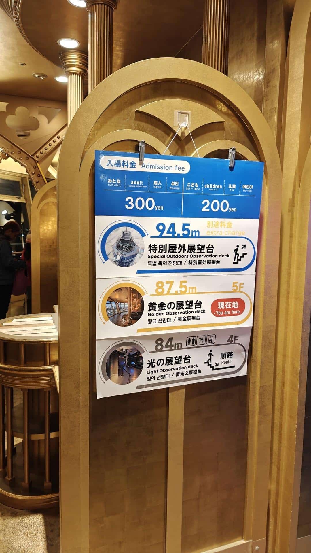 Gold columns with observation sign