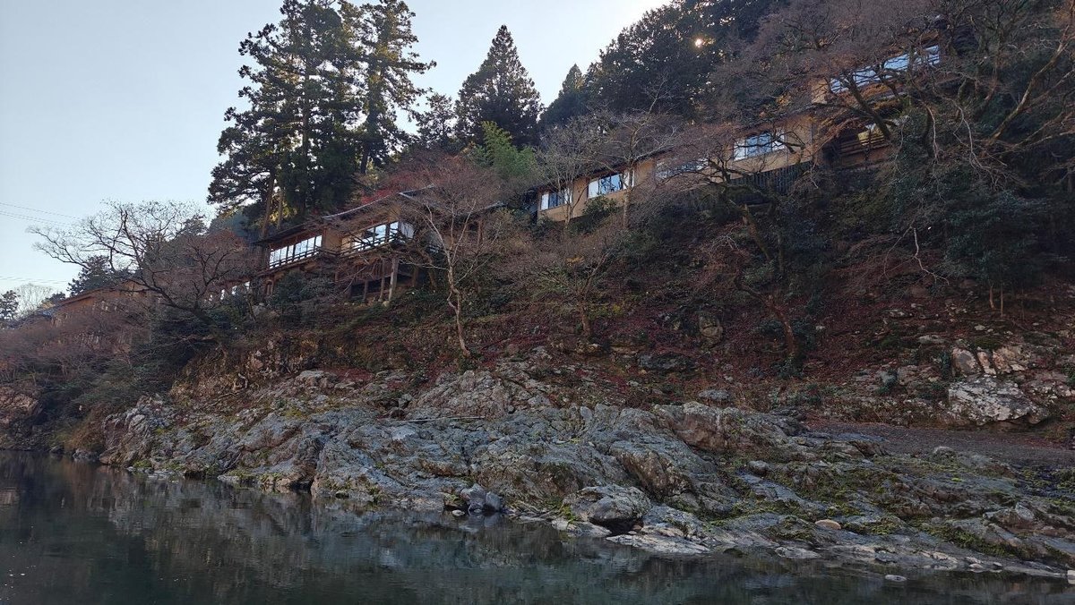 Hillside view with rustic buildings and dense trees