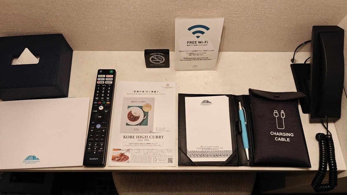 Hotel desk setup with amenities