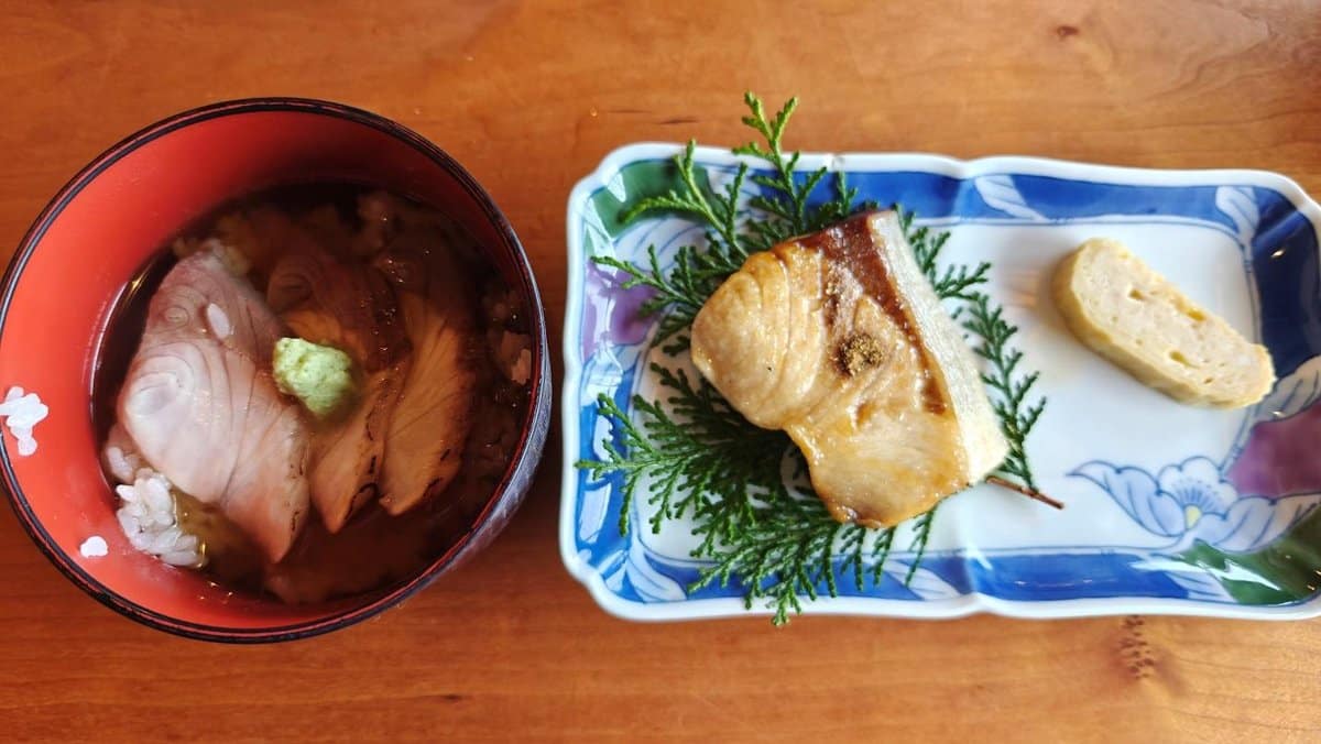 Japanese dish with fish and rice bowl