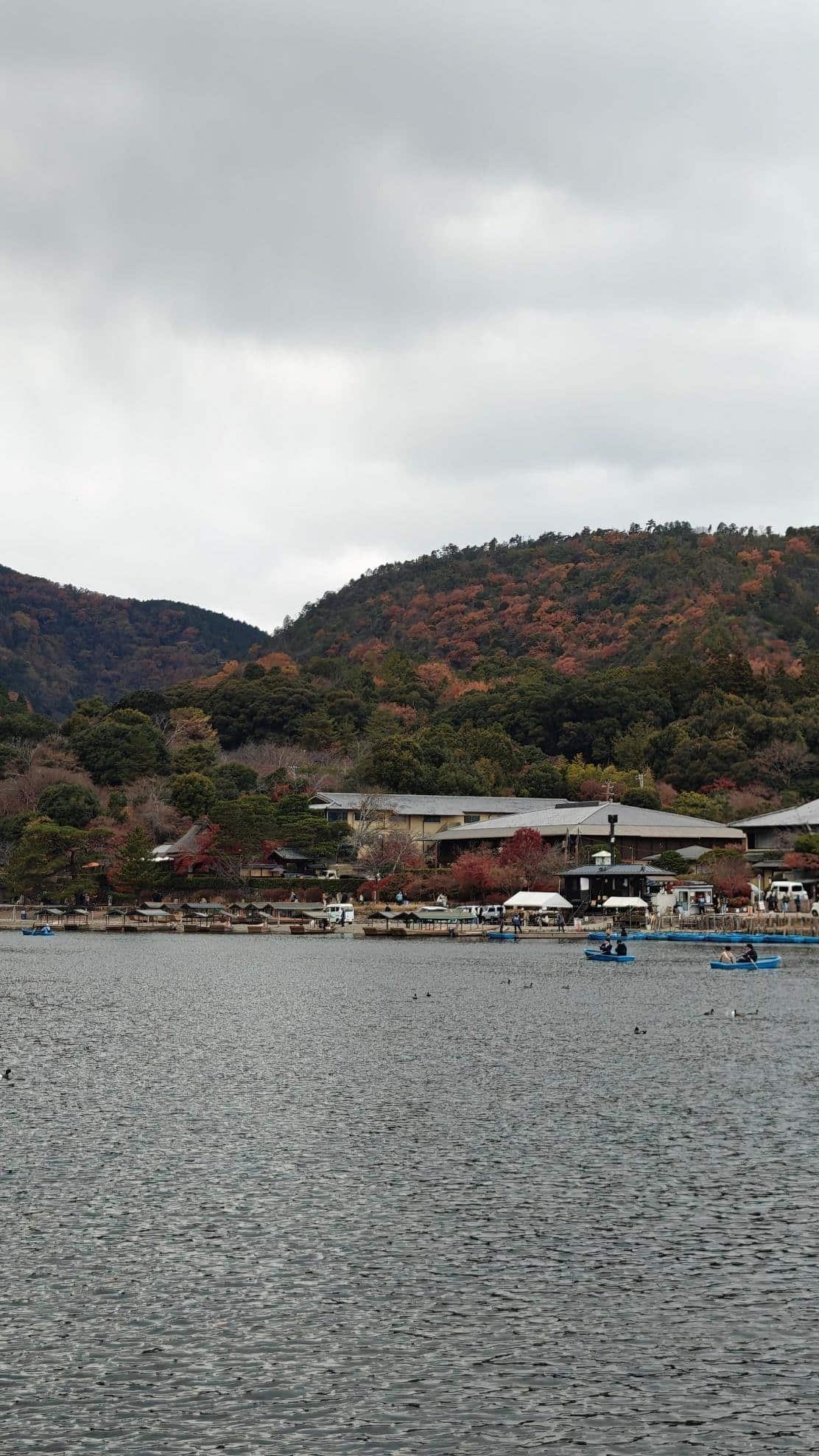 Lakeside with boats and autumn trees under cloudy sky