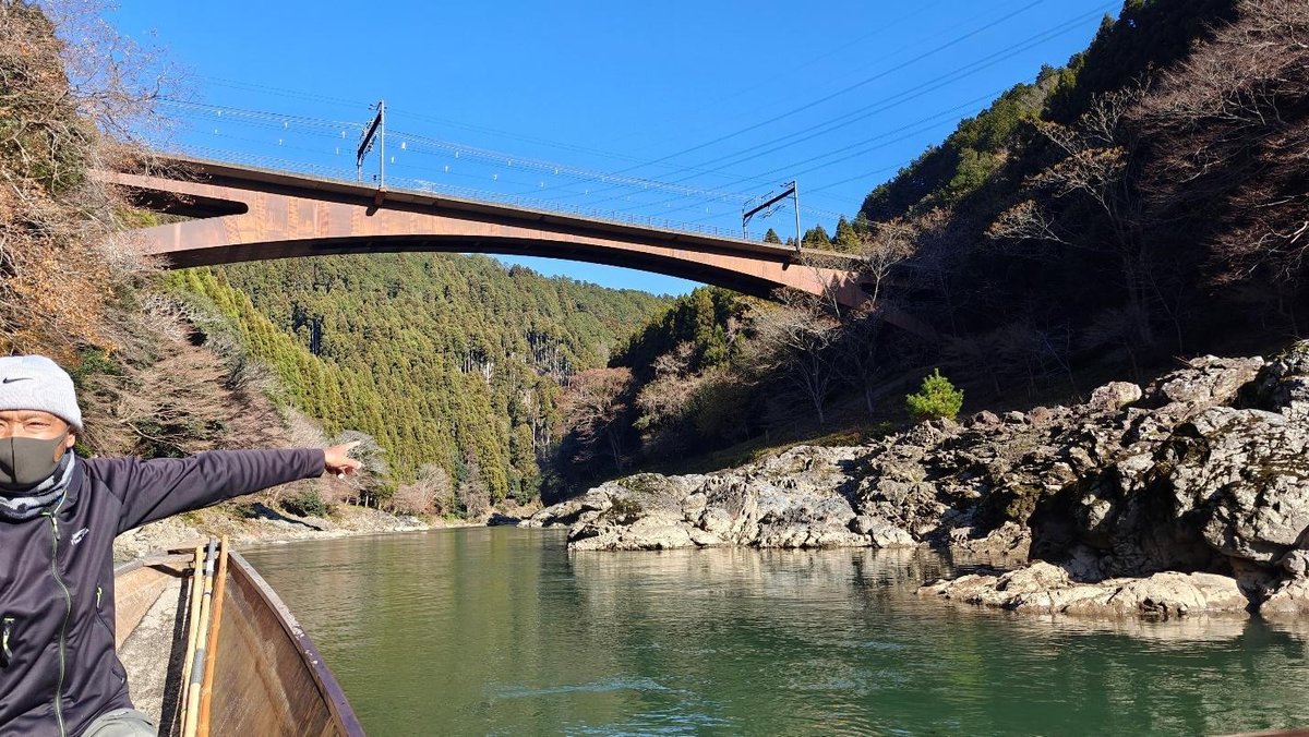 Man pointing from boat on river under bridge in forest
