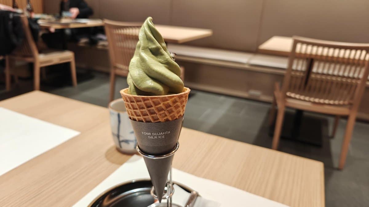 Matcha ice cream in waffle cone holder