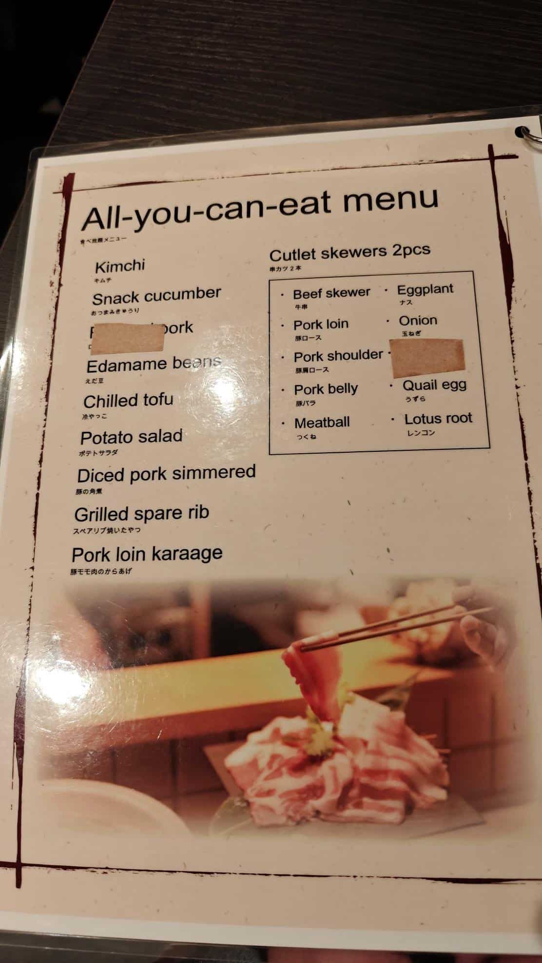 Menu with various food options