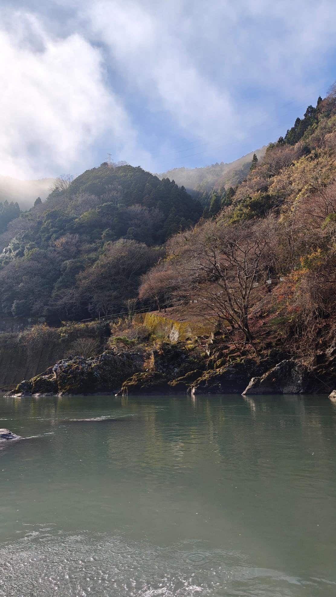 Misty mountain landscape with trees and calm river