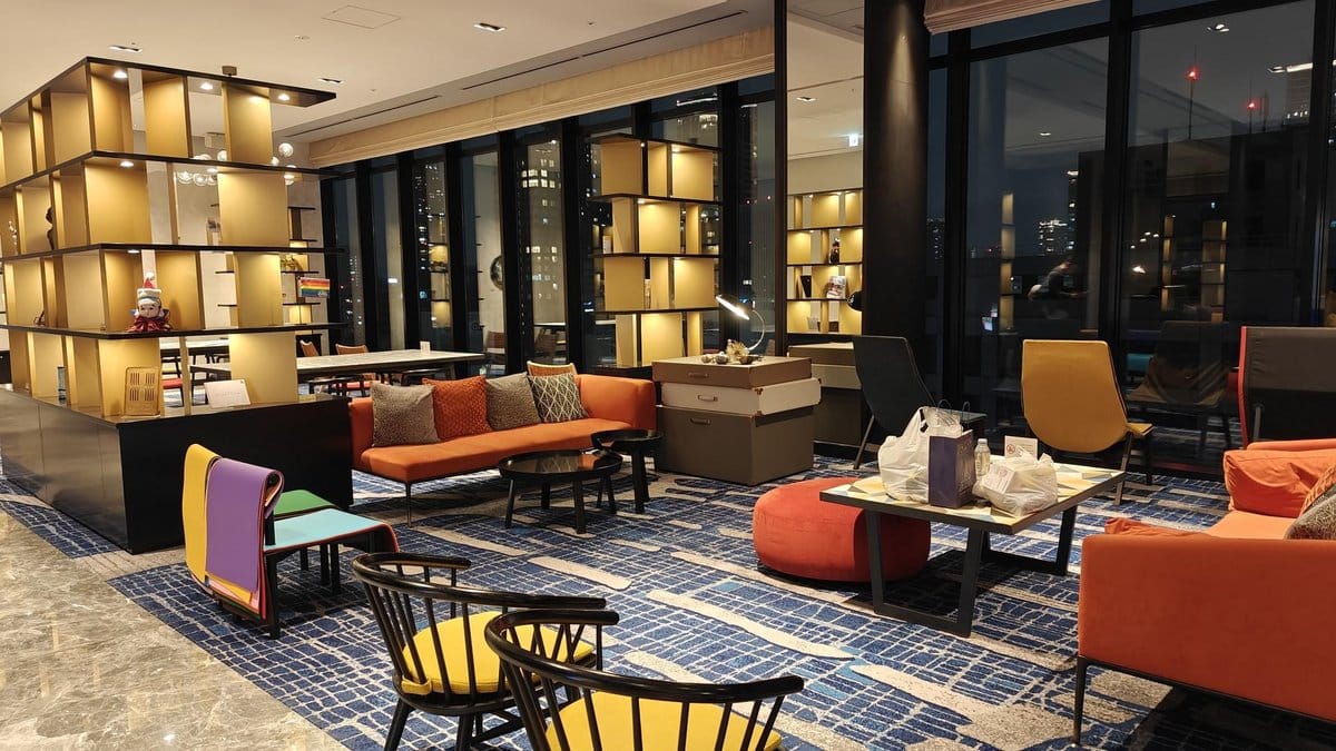 Modern hotel lounge with colorful seating