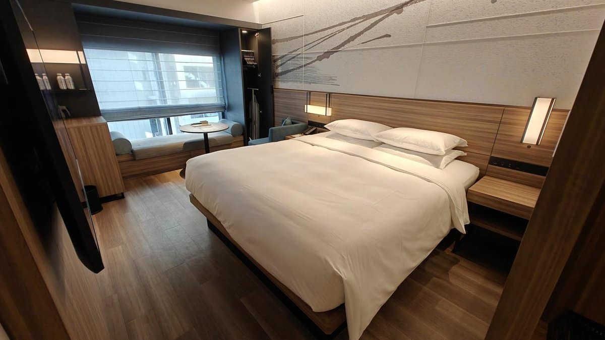 Modern hotel room with cozy seating