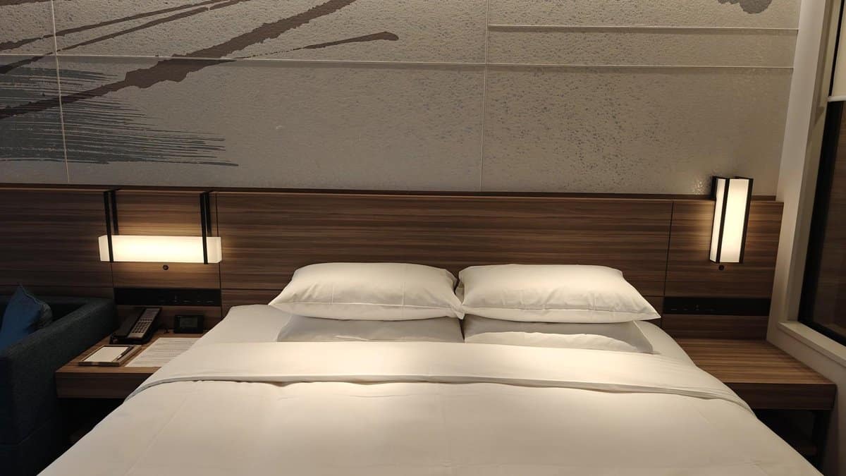 Modern hotel room with double bed
