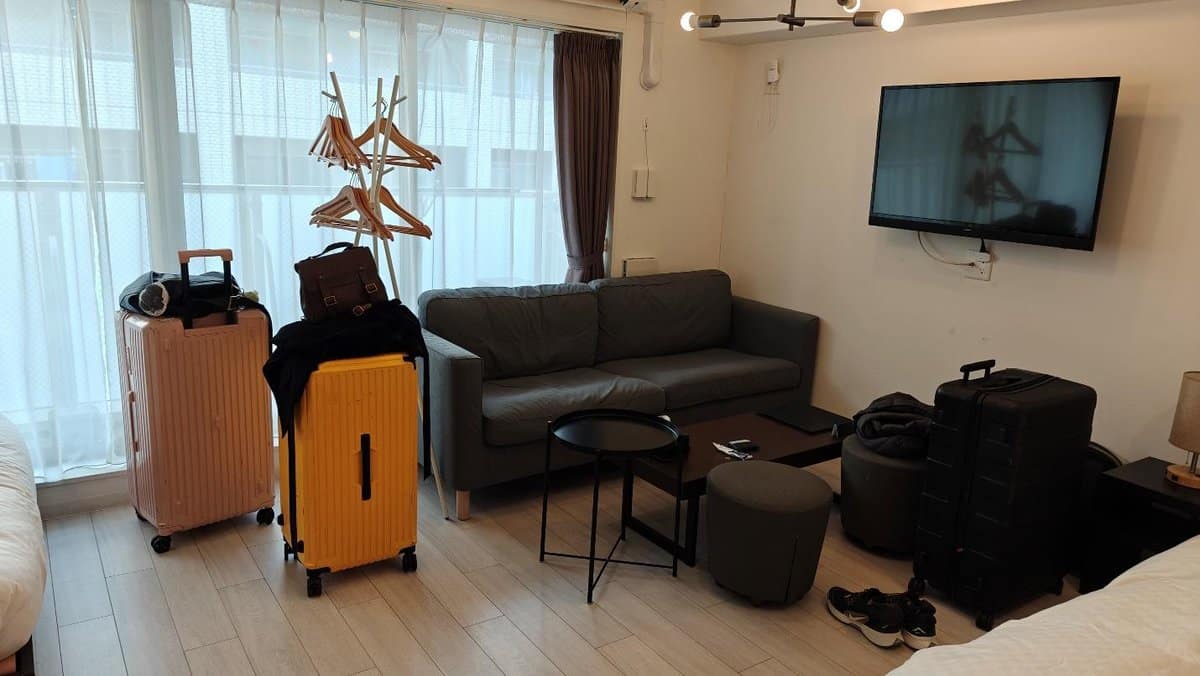 Modern living room with suitcases