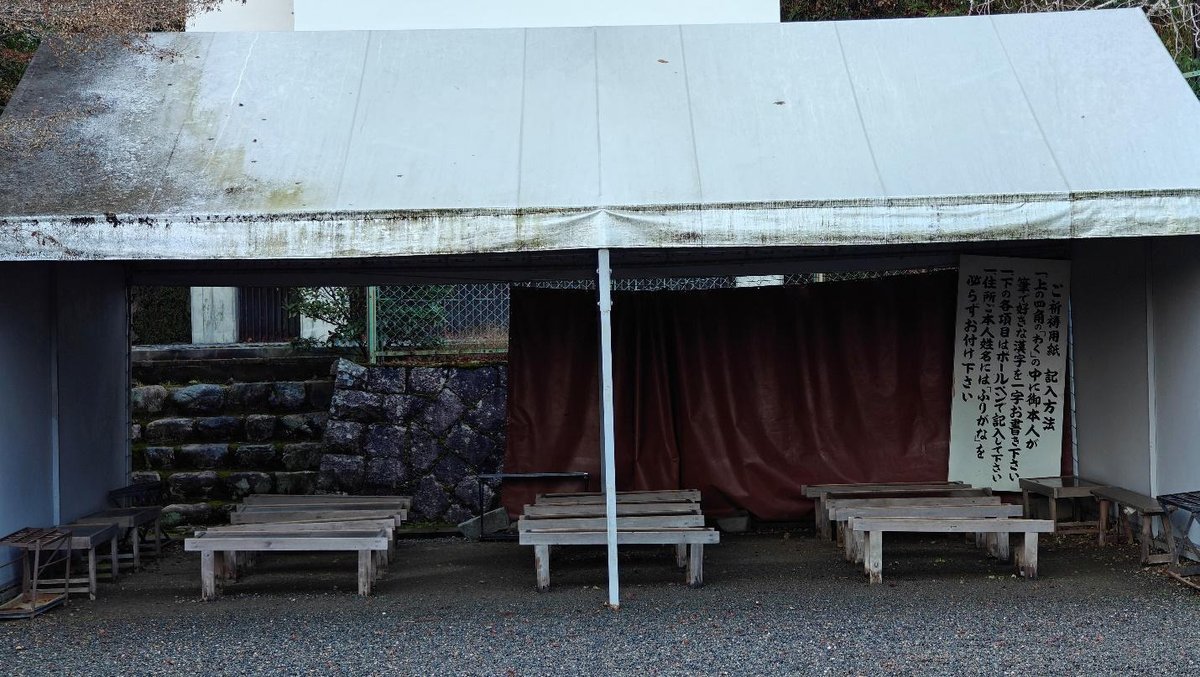 Old outdoor seating with wooden benches under a tarp