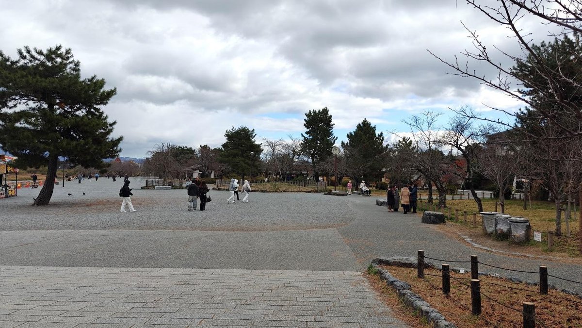 Park with people walking under cloudy sky
