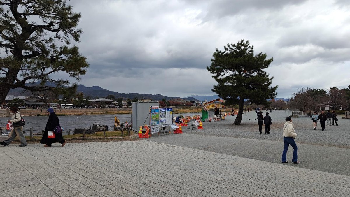 Park with trees and people walking on a cloudy day