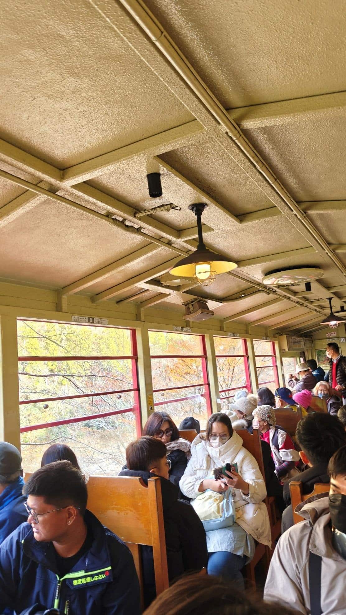 Passengers on a train with autumn trees visible outside.