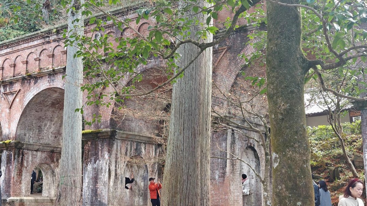 People exploring brick aqueduct amidst trees