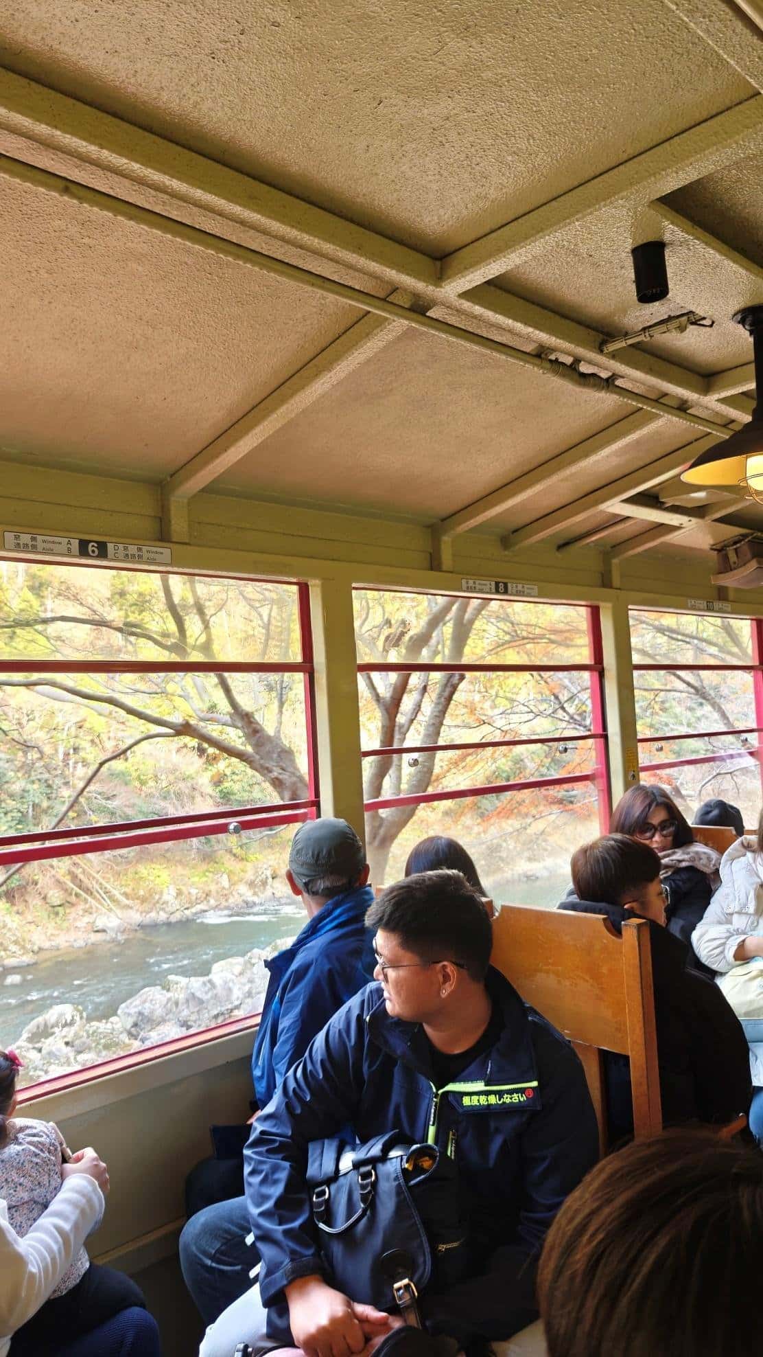 People on scenic train enjoying autumn view by river