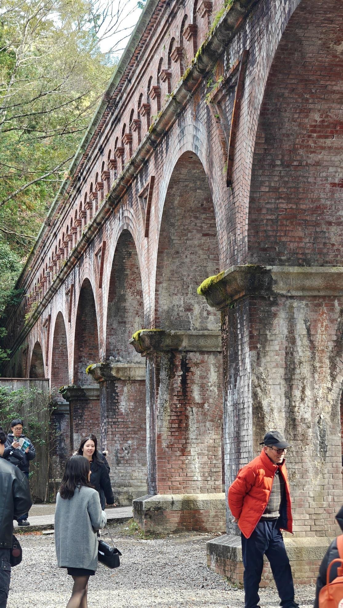 People strolling by an old brick aqueduct with arches
