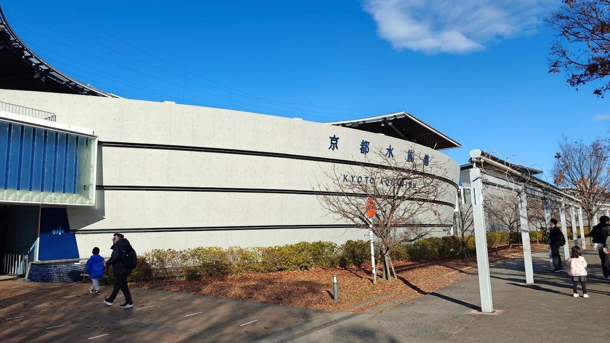 People walking near a modern building under blue sky