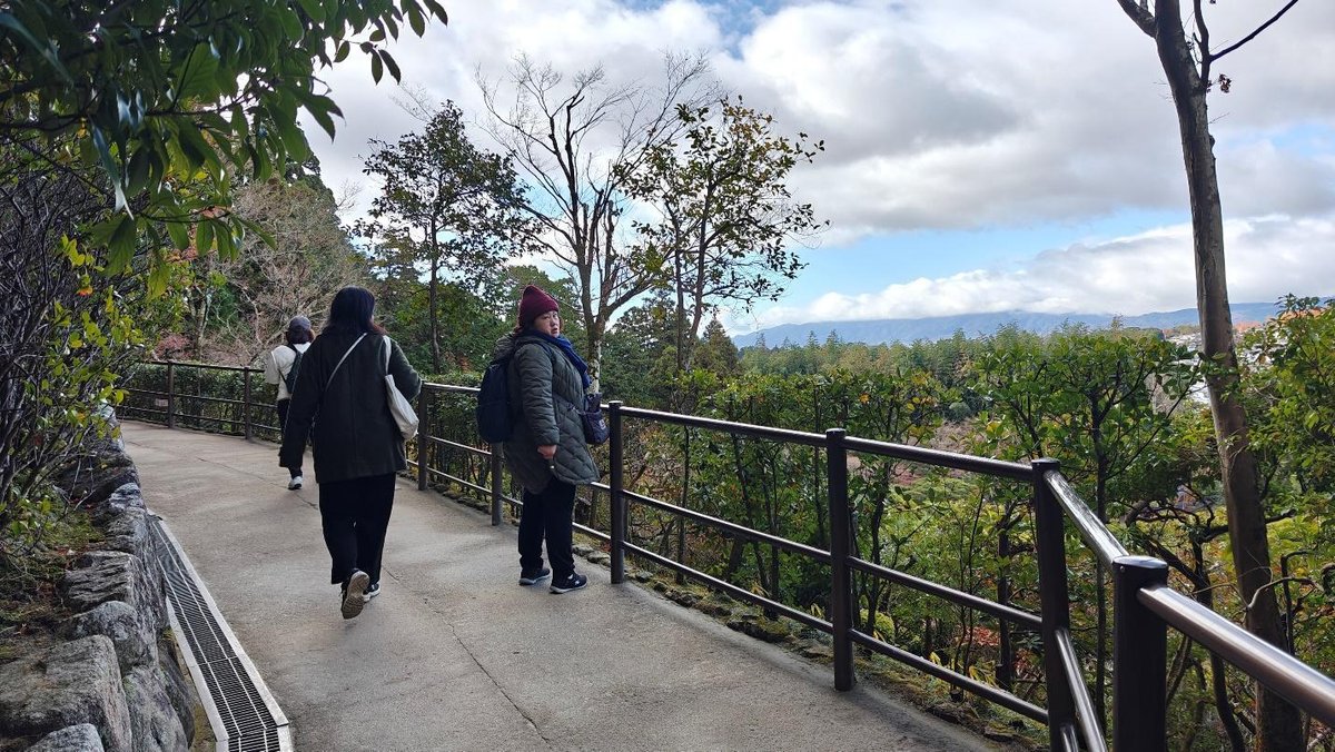 People walking on scenic forest path with cloudy sky