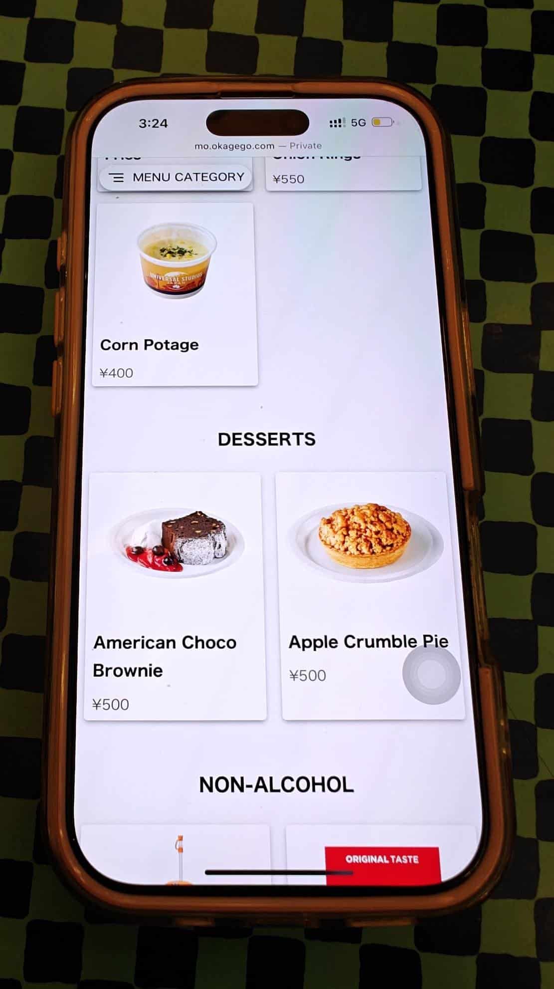 Phone displaying menu items