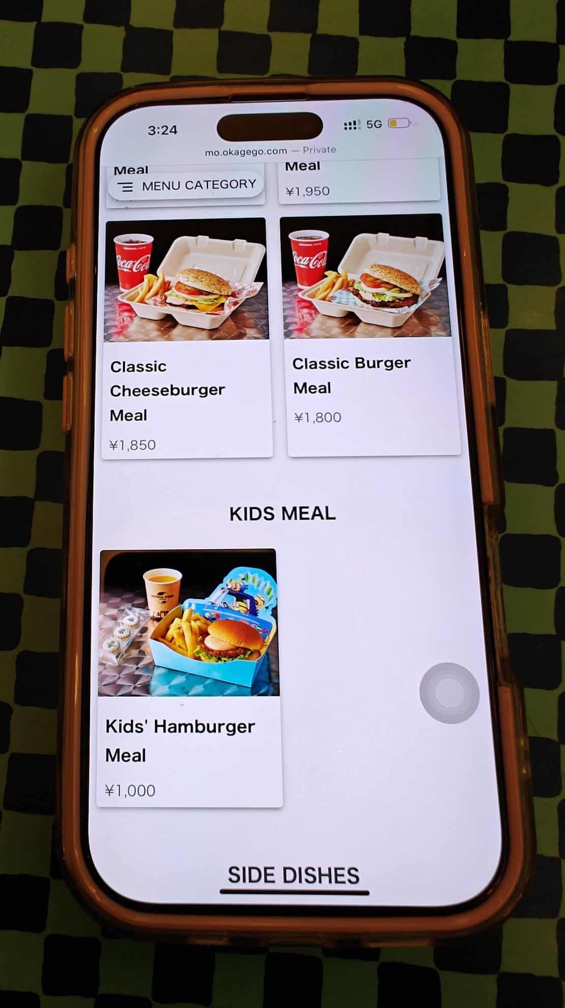 Phone screen showing burger menu